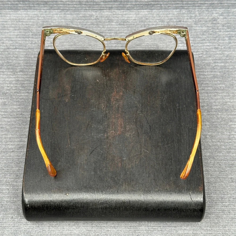 Vintage 50s Shuron Cat Eye Glasses Gold Copper Browline Frames 5 1/4 LO